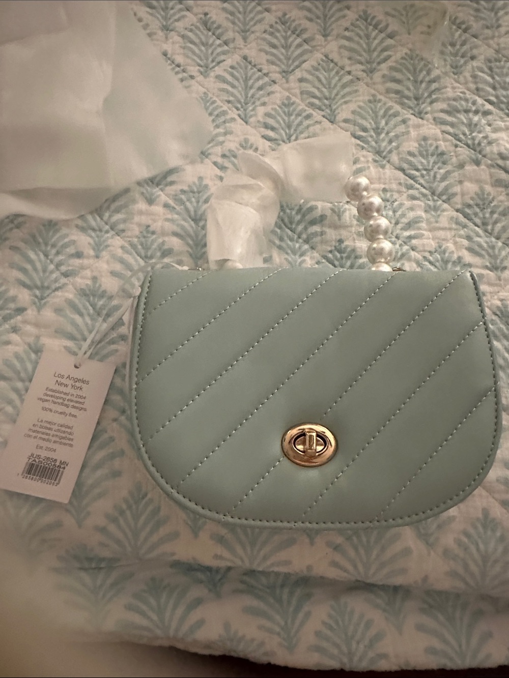 Quilted Pearl-Handle Crossbody Bag in Light Mint by